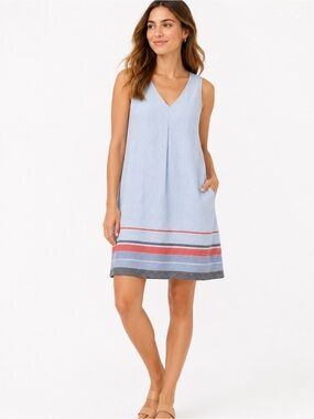 J Jill Love Linen Dress Petite Small Blue Sleeveless Stripe Hem 100% Linen